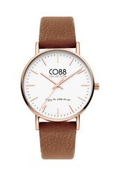 A 36mm brown IP rose gold watch with a white dial and brown leather strap.