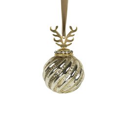 Decorative gold and silver striped ornament ball with antler-shaped hanger.