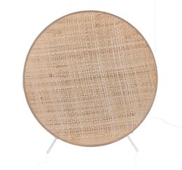 Round, natural raffia table lamp with a woven texture and neutral color palette.