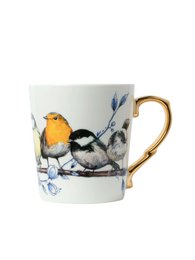 A ceramic mug featuring a colorful bird design with gold accents. The mug has a round, tall shape and is suitable for hot beverages.