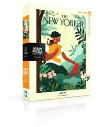 500-piece jigsaw puzzle featuring a colorful illustration of a woman sitting in a lush, nature-filled scene on the cover of The New Yorker magazine.