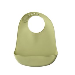 Olive green silicone bib with a circular opening and snap closure.