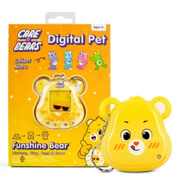 A yellow, bear-shaped digital pet with a smiling face and large ears. The product is designed for children and is categorized as a science toy.