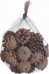 A bag of large, natural pine cones in various shades of brown, suitable for DIY Christmas arrangements and decorations.