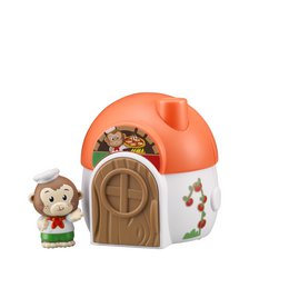  Colorful mushroom-shaped playset with a small figurine inside, featuring a door and windows. The playset has a vibrant orange exterior with details like leaves and mushrooms.