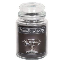 Large black scented candle in a glass jar with a silver lid. The candle is labeled "Woodbridge" and has a diamond icon, indicating it is a premium or luxury candle product.