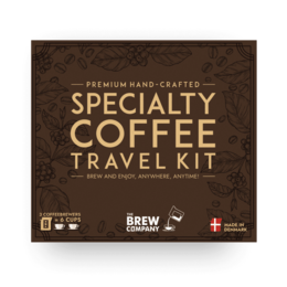 Premium hand-crafted specialty coffee travel kit, brown kraft packaging, three coffee pouches, gift box set.