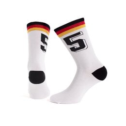 'White socks with German flag colors and "LP" logo. Suitable for casual or athletic wear.'