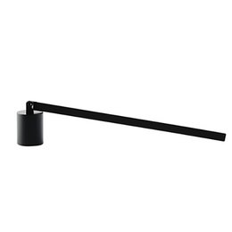 A black metal candle snuffer with a long, straight handle. The snuffer is designed to extinguish candle flames safely and efficiently.
