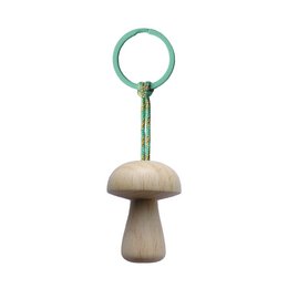 Wooden mushroom keychain in various pastel colors including ice blue, lavender, lilac, moss green, and tropical tones. Compact, lightweight, and durable design with a sturdy metal ring for attaching to keys or bags.