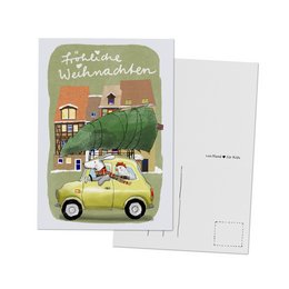 Festive greeting card featuring a dog and chicken in a vintage car, perfect for Christmas. The card has a whimsical, illustrated design with a cozy, holiday scene.
