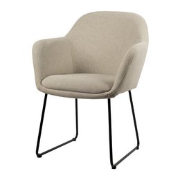 Ecru upholstered dining chair with curved backrest and black metal legs.