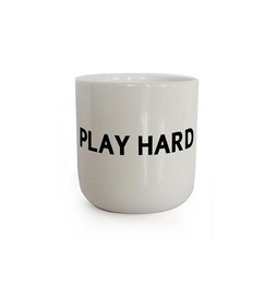 A white ceramic mug with the text "PLAY HARD" printed in black.