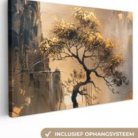 Canvas schilderij - Wanddecoratie Boom - Goud - Landschap - Verf - Muurdecoratie woonkamer - Kamer decoratie modern - Abstracte schilderijen