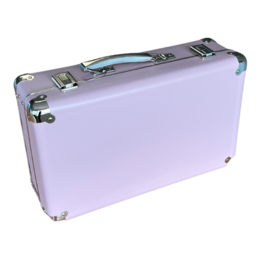 A vintage-style pink suitcase with a retro design, featuring a sturdy metal frame and handle.