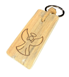  Wooden key hanger with engraved angel design, flat shape, natural wood color.