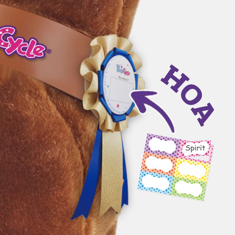 PonyCycle Spielzeugzubehör Futter- und Pflegeset – Pink und Blau, 5-teiliges Sortiment, Fellpflegebürste, Haustierbürste, Karotte, Aufkleber, Namensschild