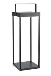  Tall black solar lantern with a sleek, modern design. Made of durable materials for outdoor use.