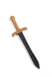  Wooden toy sword with black blade and orange handle. Suitable for imaginative play and roleplay activities.
