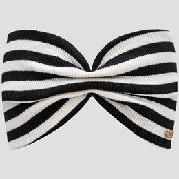  Striped black and white headband with a bow design. Made of a stretchy, ribbed material for a comfortable fit.