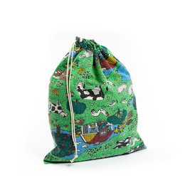 Large reusable produce bag with a colorful floral pattern. Made of durable cotton material, perfect for carrying fruits and vegetables.