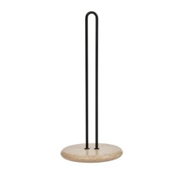  Marble paper towel holder with black metal stand and wooden base.