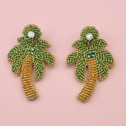  Green rocaille beads palm tree earrings, tropical statement jewelry, beaded design with brown trunk.