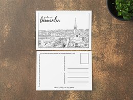 Black and white illustration of the city view of Leeuwarden, Netherlands. Available as a postcard with or without envelope and sleeve in multiple languages.