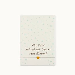 A greeting card featuring a white background with small blue and yellow stars, and the text "For those who wish the stars a good night" in German.