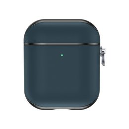Leather airpod case in dark green color with zipper closure and metal accent.