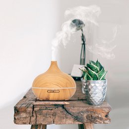 Essential Pro - Light Wood - Aroma Diffuser, a 3-in-1 device that functions as an aroma diffuser, humidifier, and night light. Features a natural wood-grain design and produces a soothing mist.