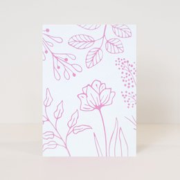 Postcard with floral design in pink and orange. The postcard features a simple floral pattern with leaves and flowers. The text on the postcard says "with love".