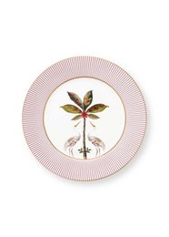 Pink ceramic dinner plate with floral design featuring a stylized leaf pattern in green, red, and white.