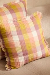 "Multicolor gingham checkered cushion cover, pink yellow white plaid pattern, square shape, ruffled edges"