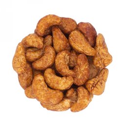 Organic spicy cashews, 5 kg bulk. Roasted cashews with a spicy seasoning, perfect for snacking or cooking.