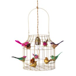 Decorative hanging lamp with bird cage design, featuring a mix of gold and colorful accents, suitable for kitchen, living room, or bedroom.
