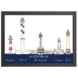 Framed poster featuring a collection of iconic Belgian lighthouses in a variety of vibrant colors and styles. Includes details about the different lighthouse locations.