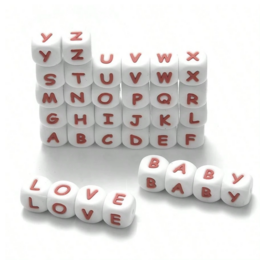 Square white and red silicone letter beads, suitable for making necklaces, bracelets, or other jewelry. Includes a variety of letters from A to Z.