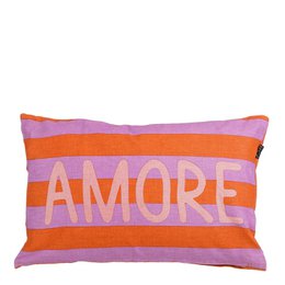  Rectangular orange and pink striped cushion with the word "AMORE" printed in large letters.