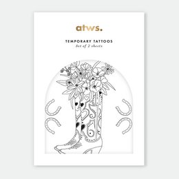  Temporary tattoo set featuring a whimsical design with a cowboy boot, horseshoes, and floral elements. Ideal for adding a touch of western-inspired style.