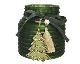  A round, green glass tealight holder with a decorative tassel and ribbon. The holder measures approximately 11 cm in diameter and 11.5 cm in height.