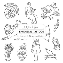 Ephemeral tattoos featuring mythological and nature-inspired designs including a Spartan warrior, winged creature, and various symbols and shapes.