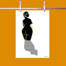 Wall art featuring a stylized silhouette of a curvy female figure in black against a bright orange background.