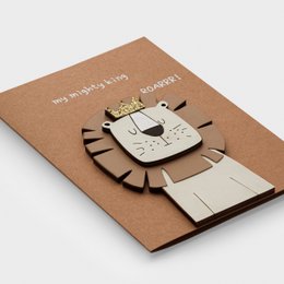  Handmade 3D wooden lion greeting card, brown kraft paper, cute animal design, king theme, interactive pop-up card.