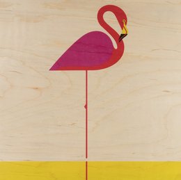 A vibrant pink flamingo poster with a wooden frame. The poster features a minimalist design with a simple silhouette of a flamingo against a yellow background.