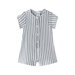  Gray and white striped baby jumpsuit with short sleeves and button closure. Made of soft, breathable bambula fabric for comfort. Suitable for infants and toddlers aged 6-24 months.