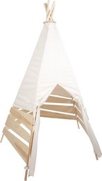 Wooden teepee-style outdoor play tent with natural wood accents and a white canvas cover. Suitable for children's indoor or outdoor play.