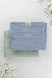 Soft, breathable muslin baby blanket set in pistachio and baby blue colors. Ideal for swaddling, stroller, and tummy time.
