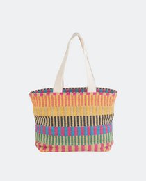  Colorful striped woven tote bag with beaded trim, canvas handles, multicolor horizontal stripes design.