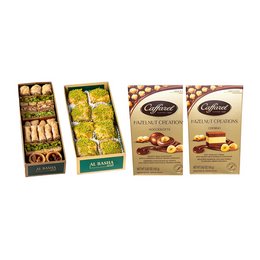 A variety of premium praline confections in assorted flavors and shapes, including round, rectangular, and rolled pralines in various colors and textures.